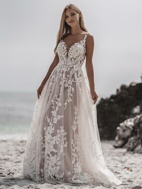Allure Bridals Ivory and Nude Floral Lace A-Line Wedding Dress
